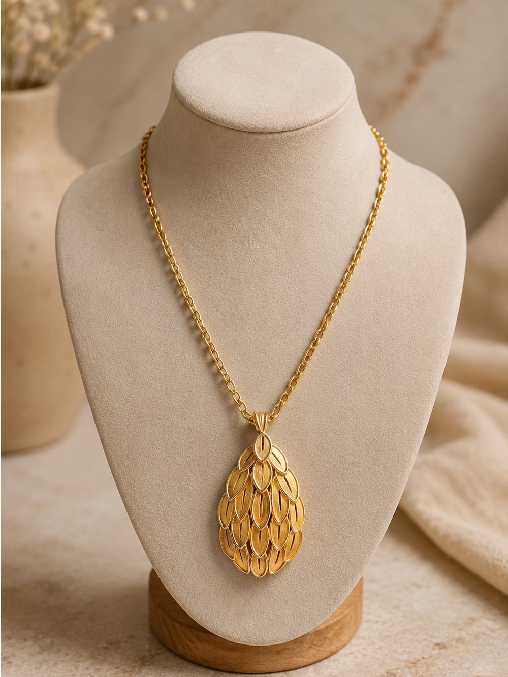Crown Trifari Gold Tone Pendant Necklace Leaf Drop Statement Vintage 20"